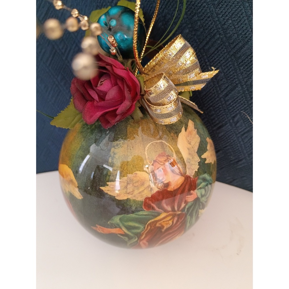 Vintage Angel Decoupage Christmas Ornament Gold Bow Red Rose Holiday Decor - Picture 3 of 4
